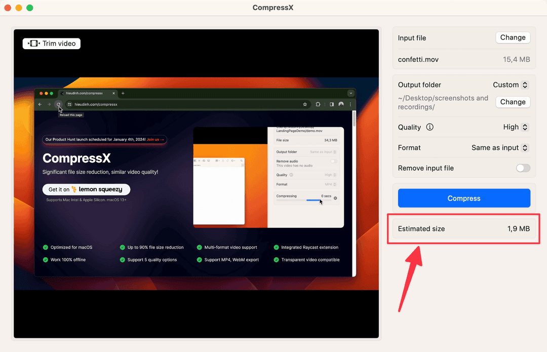 CompressX estimate size result